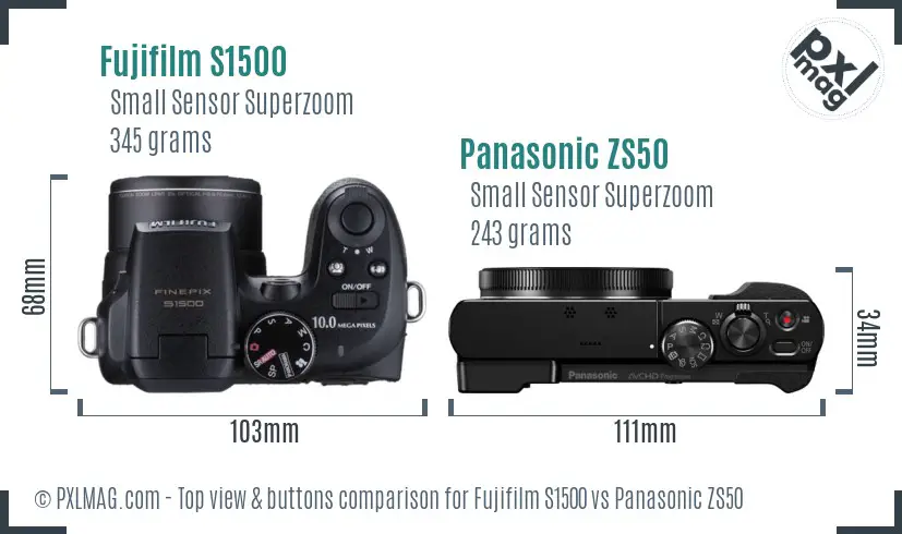 Fujifilm S1500 vs Panasonic ZS50 top view buttons comparison