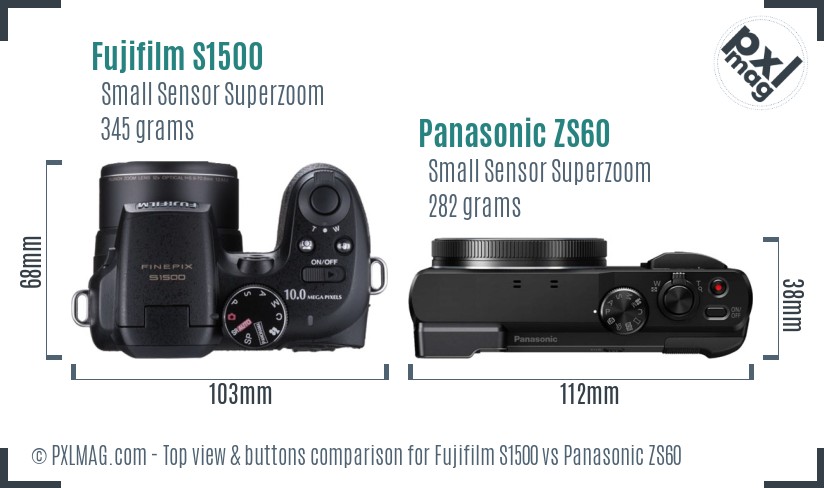 Fujifilm S1500 vs Panasonic ZS60 top view buttons comparison
