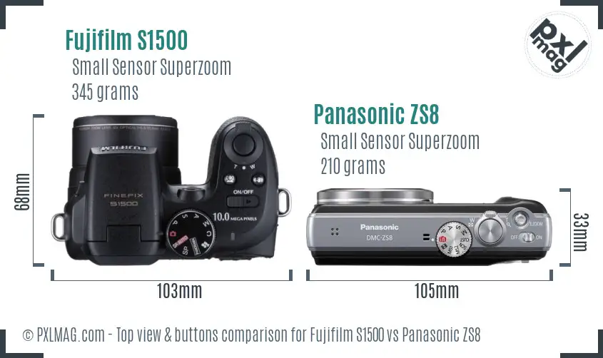 Fujifilm S1500 vs Panasonic ZS8 top view buttons comparison Fujifilm S1500 vs Panasonic ZS8 top view buttons comparison