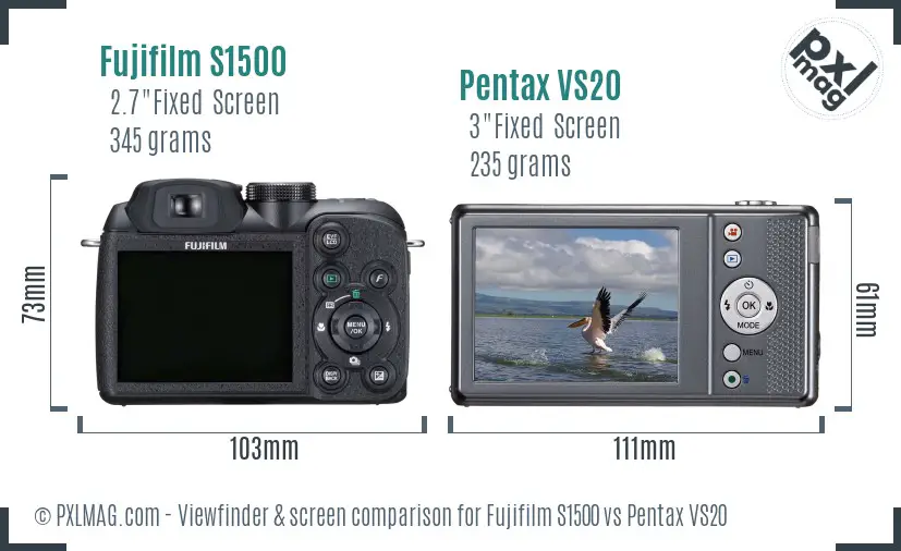 Fujifilm S1500 vs Pentax VS20 Screen and Viewfinder comparison