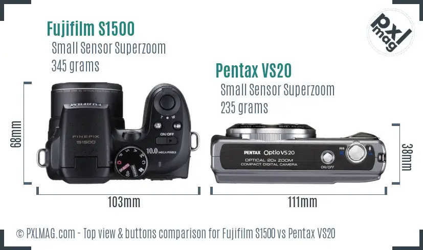 Fujifilm S1500 vs Pentax VS20 top view buttons comparison