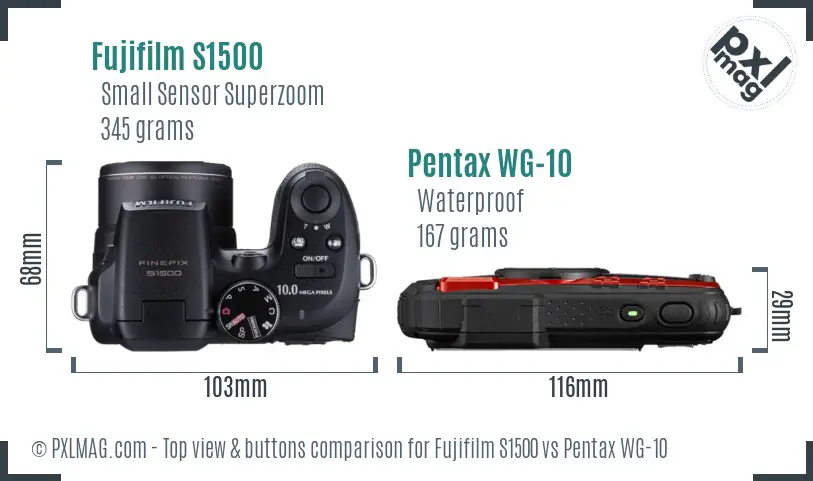 Fujifilm S1500 vs Pentax WG-10 top view buttons comparison