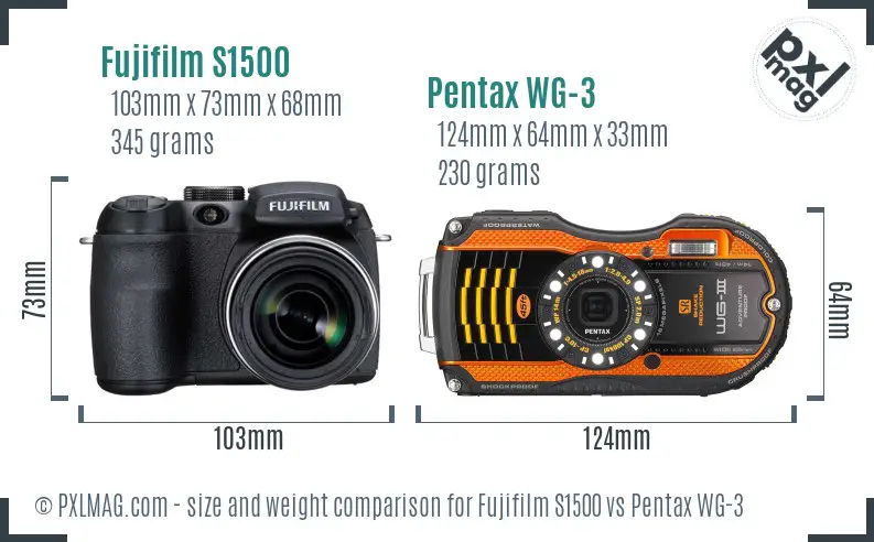 Fujifilm S1500 vs Pentax WG-3 size comparison