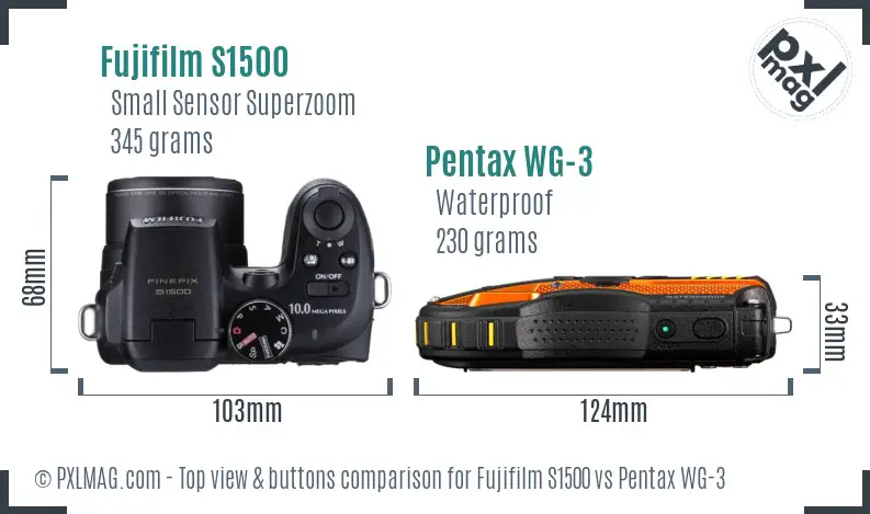 Fujifilm S1500 vs Pentax WG-3 top view buttons comparison