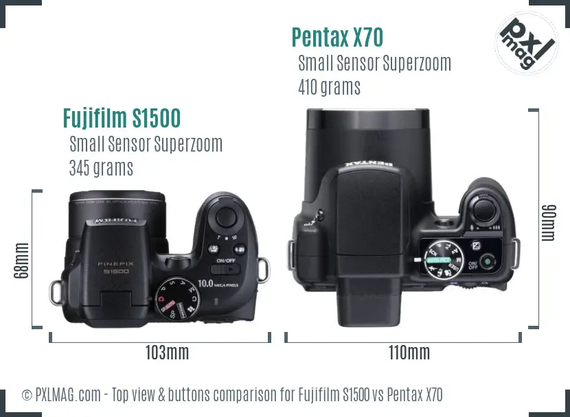 Fujifilm S1500 vs Pentax X70 top view buttons comparison