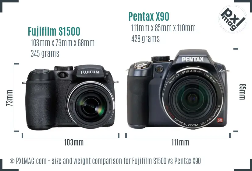 Fujifilm S1500 vs Pentax X90 size comparison