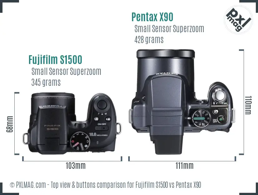 Fujifilm S1500 vs Pentax X90 top view buttons comparison