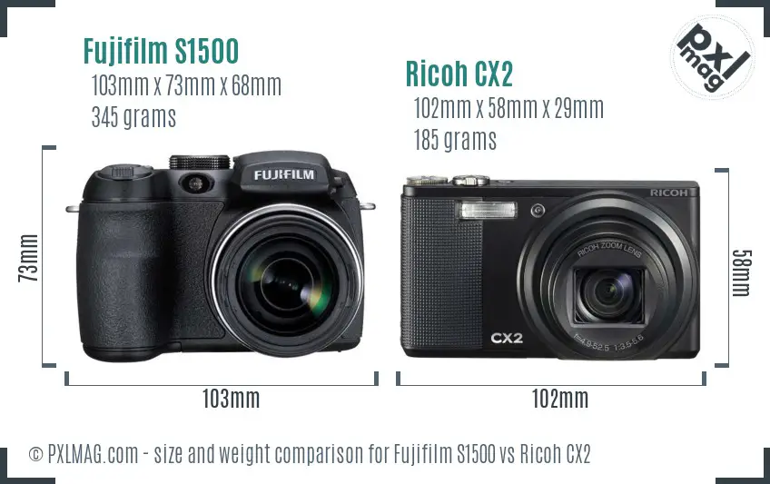 Size comparison of Fujifilm S1500 and Ricoh CX2, showcasing differing thickness and grip styles