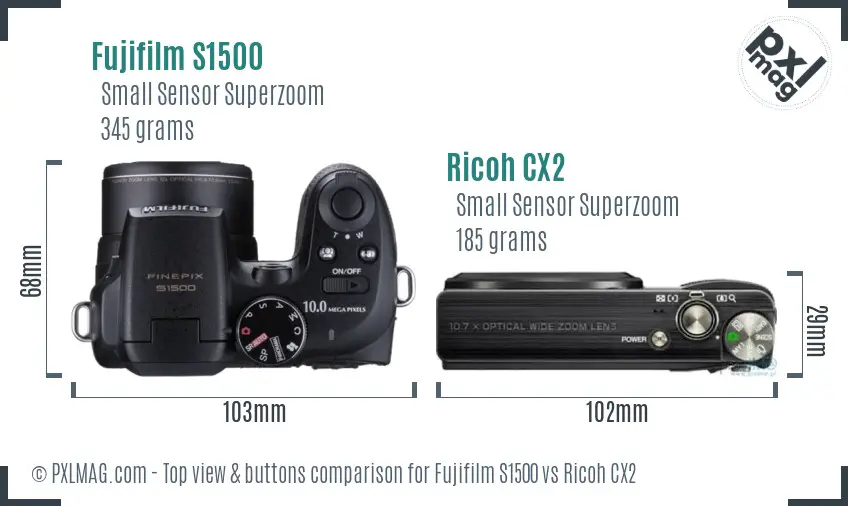 Side-by-side top view of Fujifilm S1500 and Ricoh CX2 highlighting button placements and dials