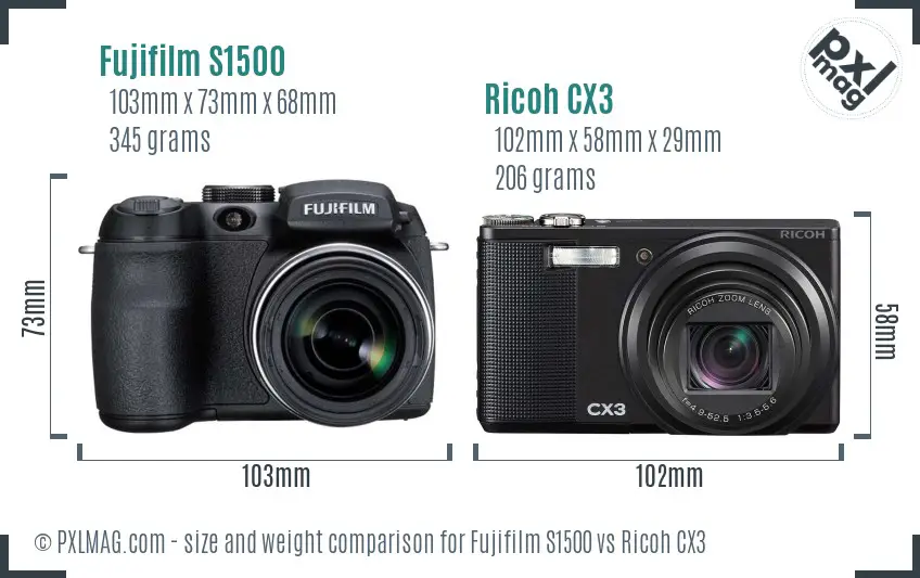 Fujifilm S1500 vs Ricoh CX3 size comparison