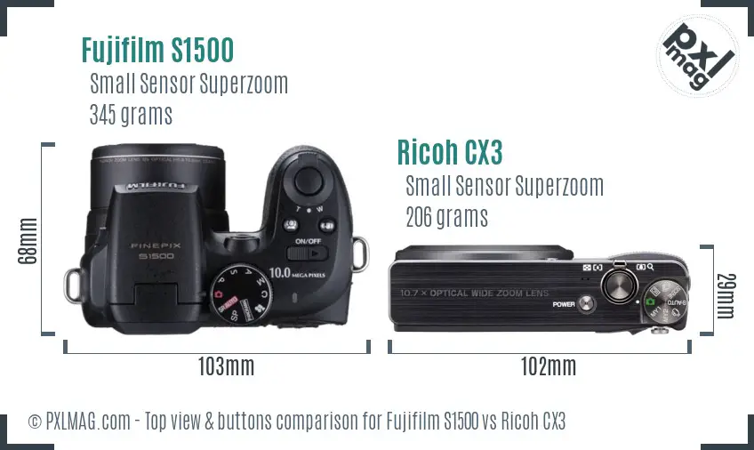 Fujifilm S1500 vs Ricoh CX3 top view buttons comparison