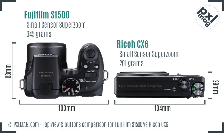 Fujifilm S1500 vs Ricoh CX6 top view buttons comparison Fujifilm S1500 vs Ricoh CX6 top view buttons comparison