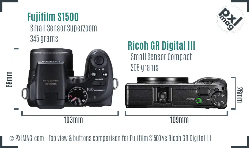 Fujifilm S1500 vs Ricoh GR Digital III top view buttons comparison Fujifilm S1500 vs Ricoh GR Digital III top view buttons comparison