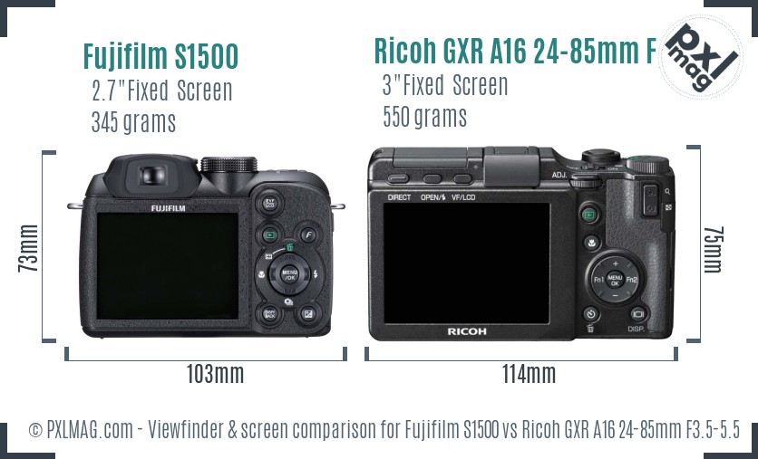 Fujifilm S1500 vs Ricoh GXR A16 24-85mm F3.5-5.5 Screen and Viewfinder comparison