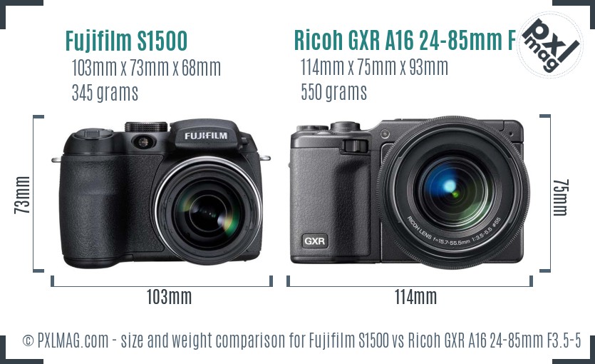 Fujifilm S1500 vs Ricoh GXR A16 24-85mm F3.5-5.5 size comparison