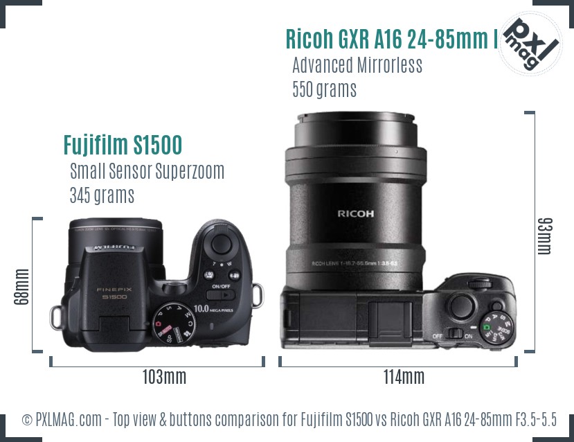Fujifilm S1500 vs Ricoh GXR A16 24-85mm F3.5-5.5 top view buttons comparison