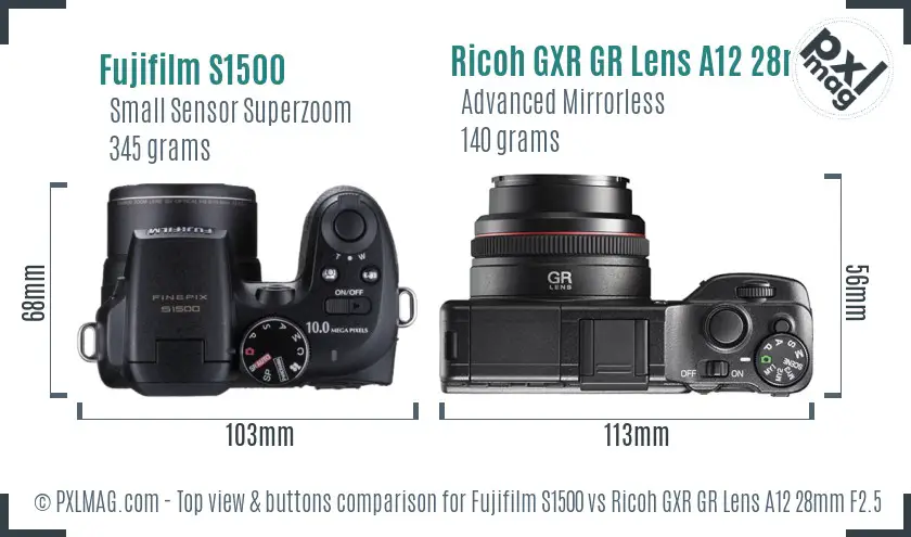 Fujifilm S1500 vs Ricoh GXR GR Lens A12 28mm F2.5 top view buttons comparison Fujifilm S1500 vs Ricoh GXR GR Lens A12 28mm F2.5 top view buttons comparison
