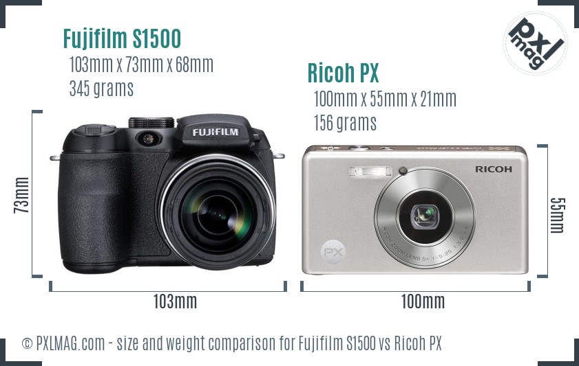 Fujifilm S1500 vs Ricoh PX size comparison