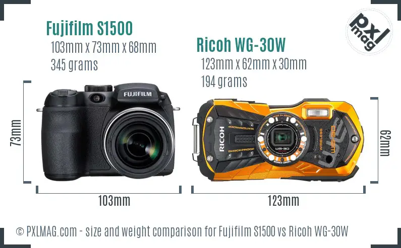 Fujifilm S1500 vs Ricoh WG-30W size comparison