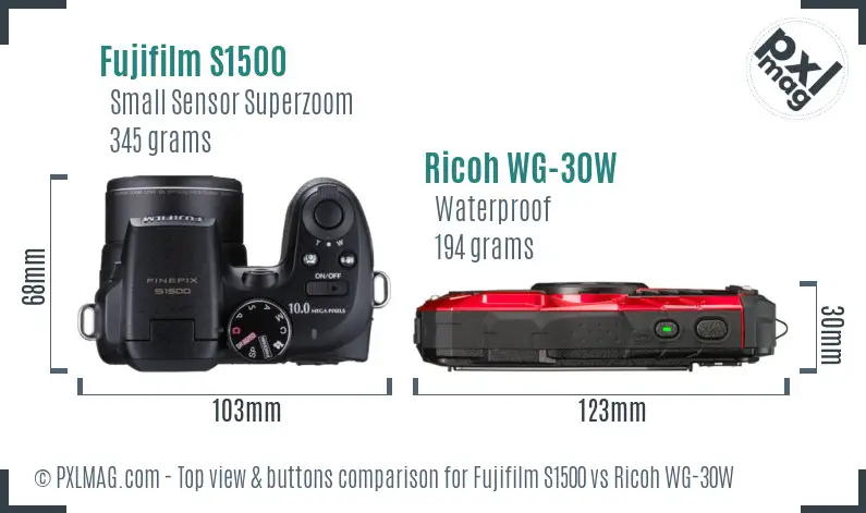 Fujifilm S1500 vs Ricoh WG-30W top view buttons comparison