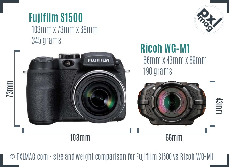 Fujifilm S1500 vs Ricoh WG-M1 size comparison