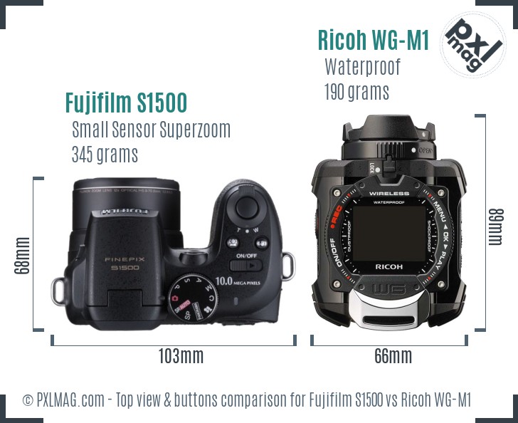 Fujifilm S1500 vs Ricoh WG-M1 top view buttons comparison