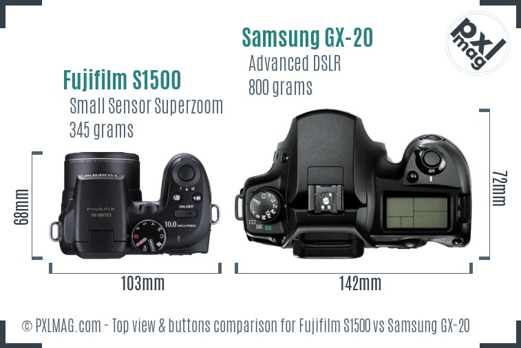 Fujifilm S1500 vs Samsung GX-20 top view buttons comparison