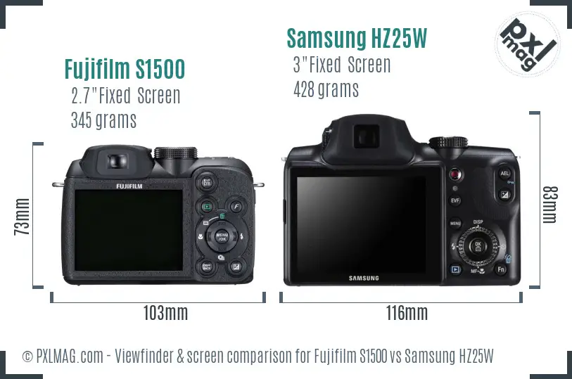 Fujifilm S1500 vs Samsung HZ25W Screen and Viewfinder comparison