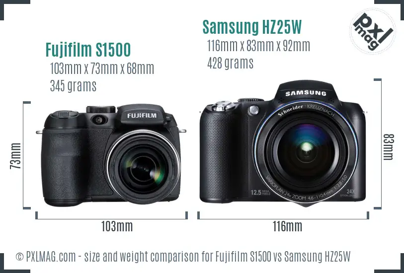 Fujifilm S1500 vs Samsung HZ25W size comparison