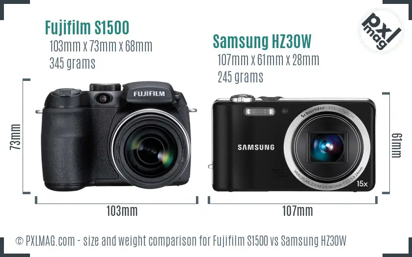 Fujifilm S1500 vs Samsung HZ30W size comparison