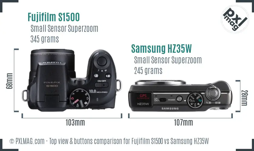 Fujifilm S1500 vs Samsung HZ35W top view buttons comparison