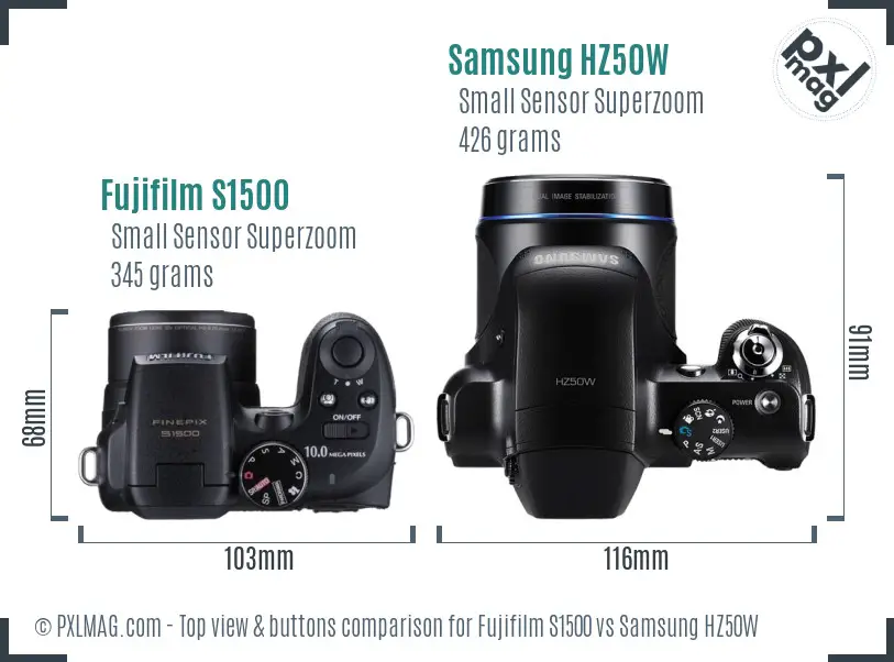 Fujifilm S1500 vs Samsung HZ50W top view buttons comparison Fujifilm S1500 vs Samsung HZ50W top view buttons comparison