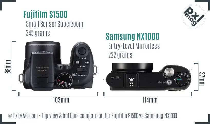 Fujifilm S1500 vs Samsung NX1000 top view buttons comparison