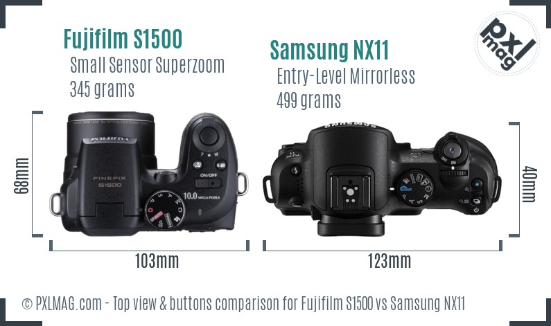 Fujifilm S1500 vs Samsung NX11 top view buttons comparison