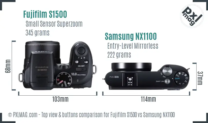 Fujifilm S1500 vs Samsung NX1100 top view buttons comparison