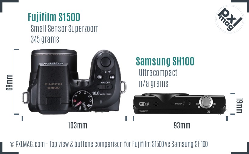 Fujifilm S1500 vs Samsung SH100 top view buttons comparison