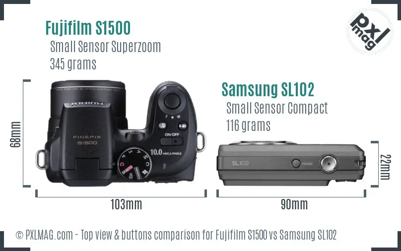 Fujifilm S1500 vs Samsung SL102 top view buttons comparison Fujifilm S1500 vs Samsung SL102 top view buttons comparison