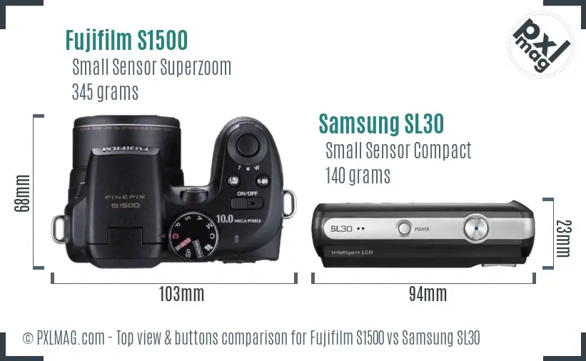 Fujifilm S1500 vs Samsung SL30 top view buttons comparison