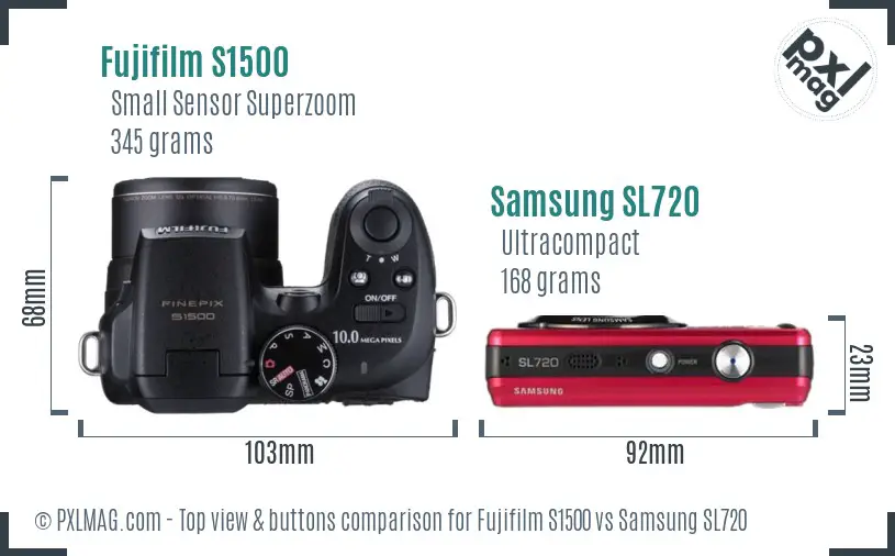 Fujifilm S1500 vs Samsung SL720 top view buttons comparison