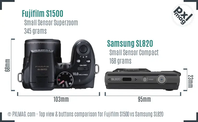 Fujifilm S1500 vs Samsung SL820 top view buttons comparison Fujifilm S1500 vs Samsung SL820 top view buttons comparison