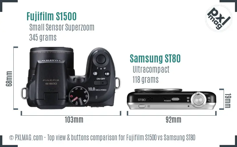Fujifilm S1500 vs Samsung ST80 top view buttons comparison Fujifilm S1500 vs Samsung ST80 top view buttons comparison