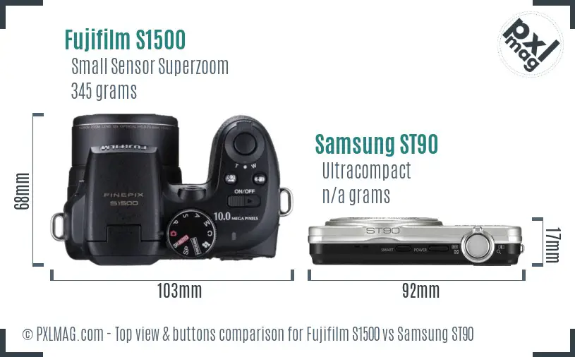 Fujifilm S1500 vs Samsung ST90 top view buttons comparison Fujifilm S1500 vs Samsung ST90 top view buttons comparison