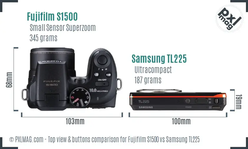 Fujifilm S1500 vs Samsung TL225 top view buttons comparison Fujifilm S1500 vs Samsung TL225 top view buttons comparison