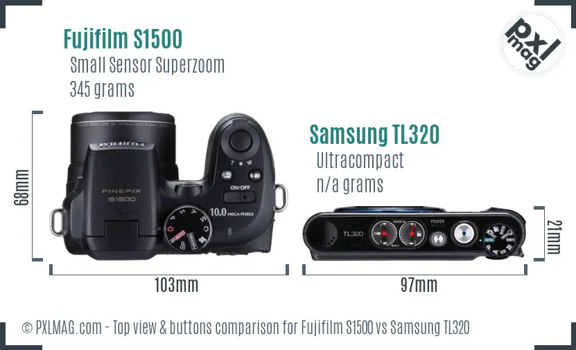 Fujifilm S1500 vs Samsung TL320 top view buttons comparison