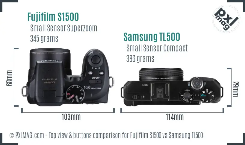 Fujifilm S1500 vs Samsung TL500 top view buttons comparison Fujifilm S1500 vs Samsung TL500 top view buttons comparison