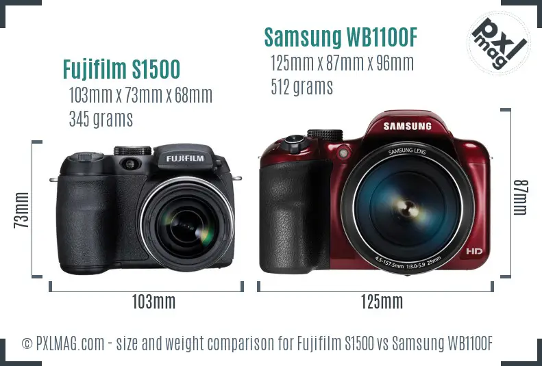 Fujifilm S1500 vs Samsung WB1100F size comparison