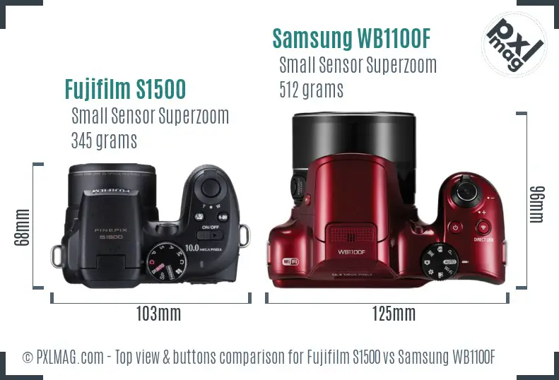 Fujifilm S1500 vs Samsung WB1100F top view buttons comparison
