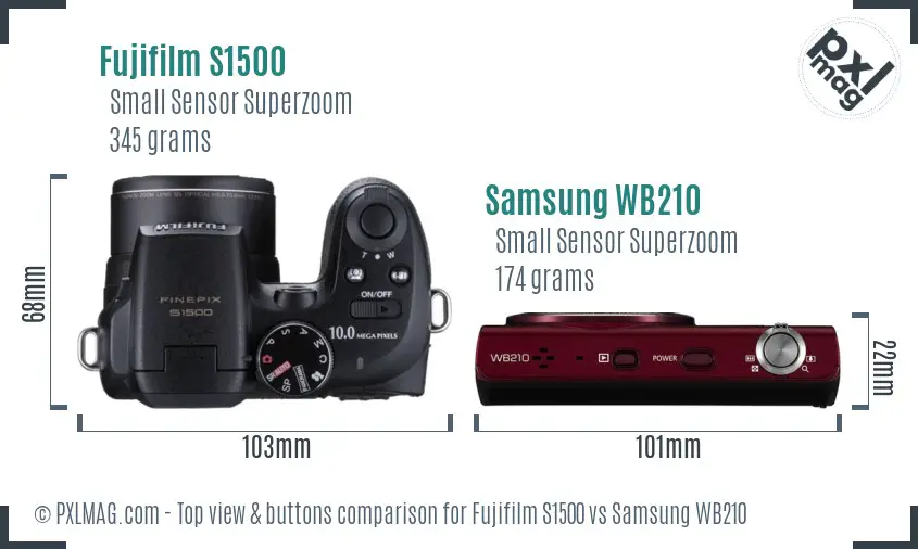 Fujifilm S1500 vs Samsung WB210 top view buttons comparison Fujifilm S1500 vs Samsung WB210 top view buttons comparison