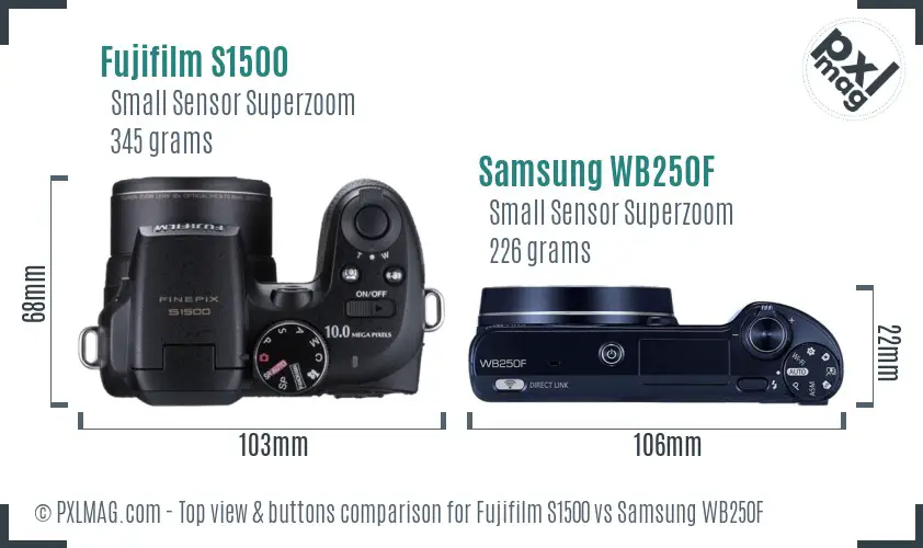 Fujifilm S1500 vs Samsung WB250F top view buttons comparison