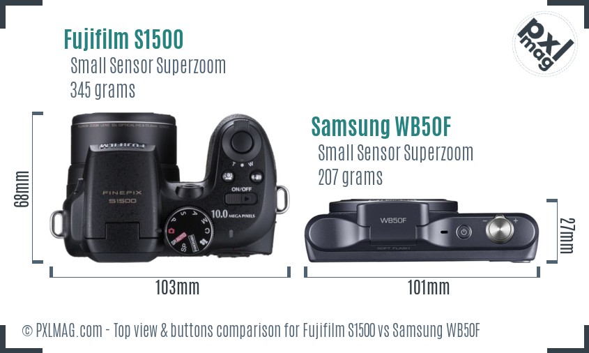 Fujifilm S1500 vs Samsung WB50F top view buttons comparison